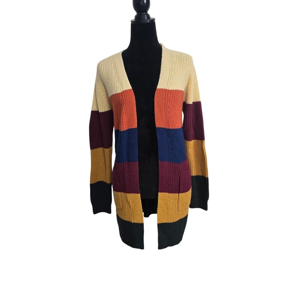 JODIFL Colorblock Striped Knit Cardigan Womens S Open Front Long Sleeve Pockets